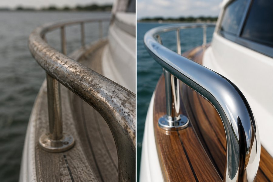 Boat rail, half corroded and half polished chrome