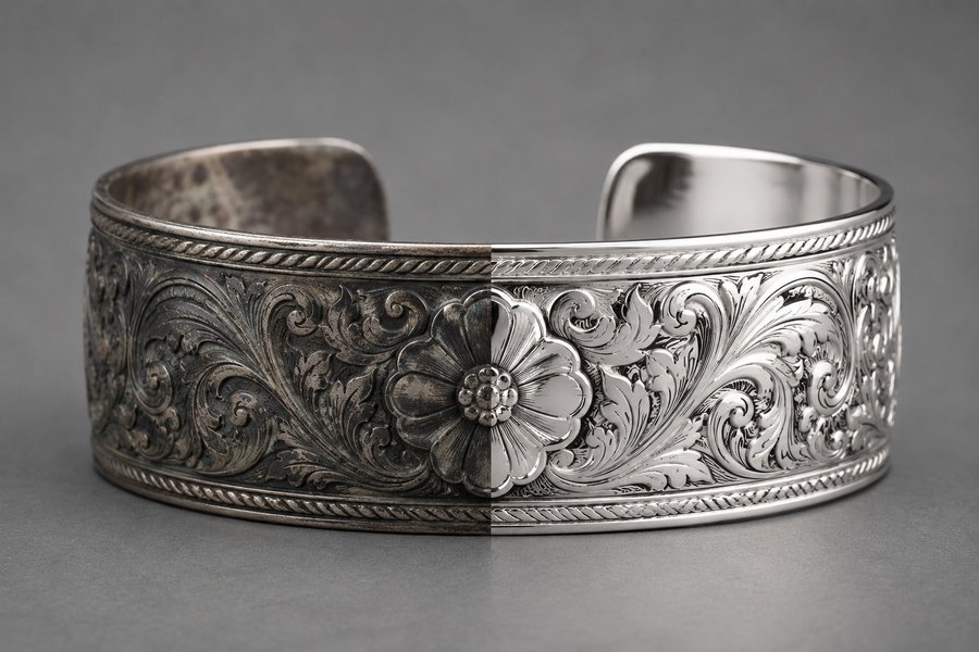 Silver cuff bracelet, half tarnished and half bright