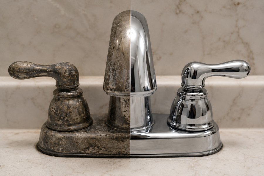 Bathroom faucet, half corroded and half bright chrome