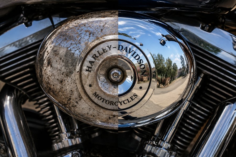 Harley-Davidson engine cover, half tarnished and half mirror chrome