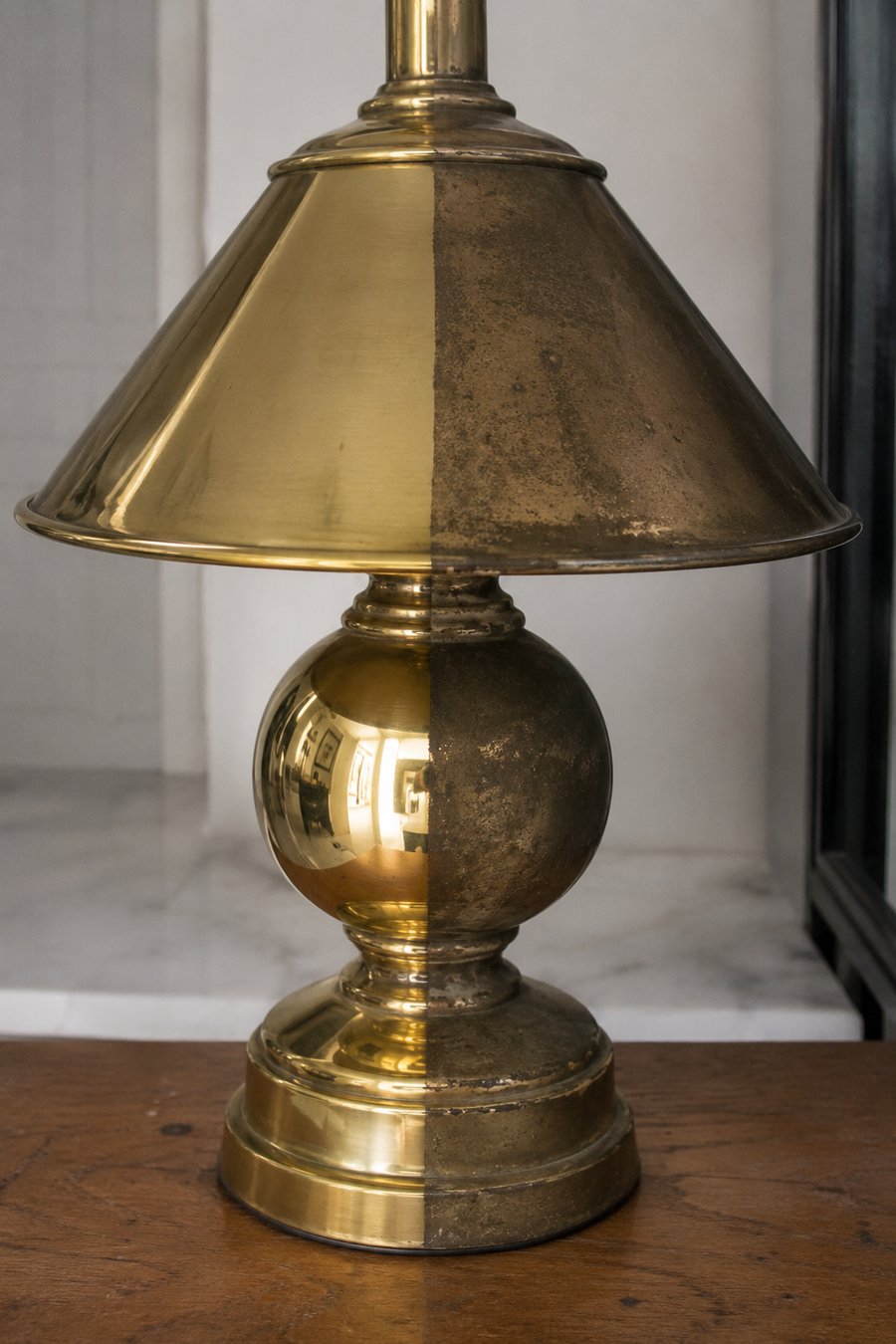 Brass lamp, half bright and half tarnished