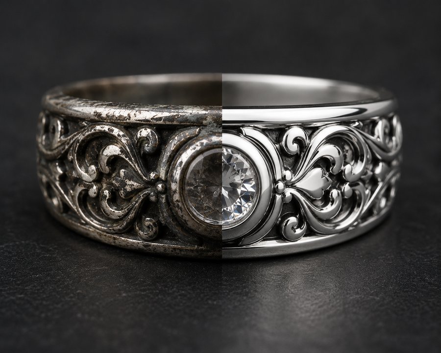 Ornate silver ring, half tarnished and half bright