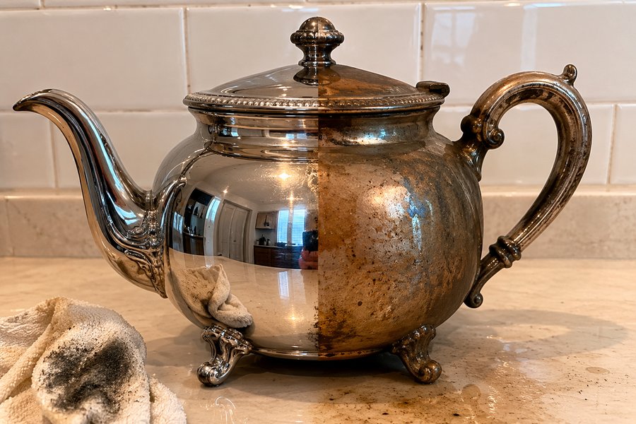 Silver teapot, one side polished and one side tarnished