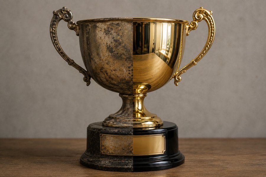 Trophy cup, half tarnished and half gleaming gold