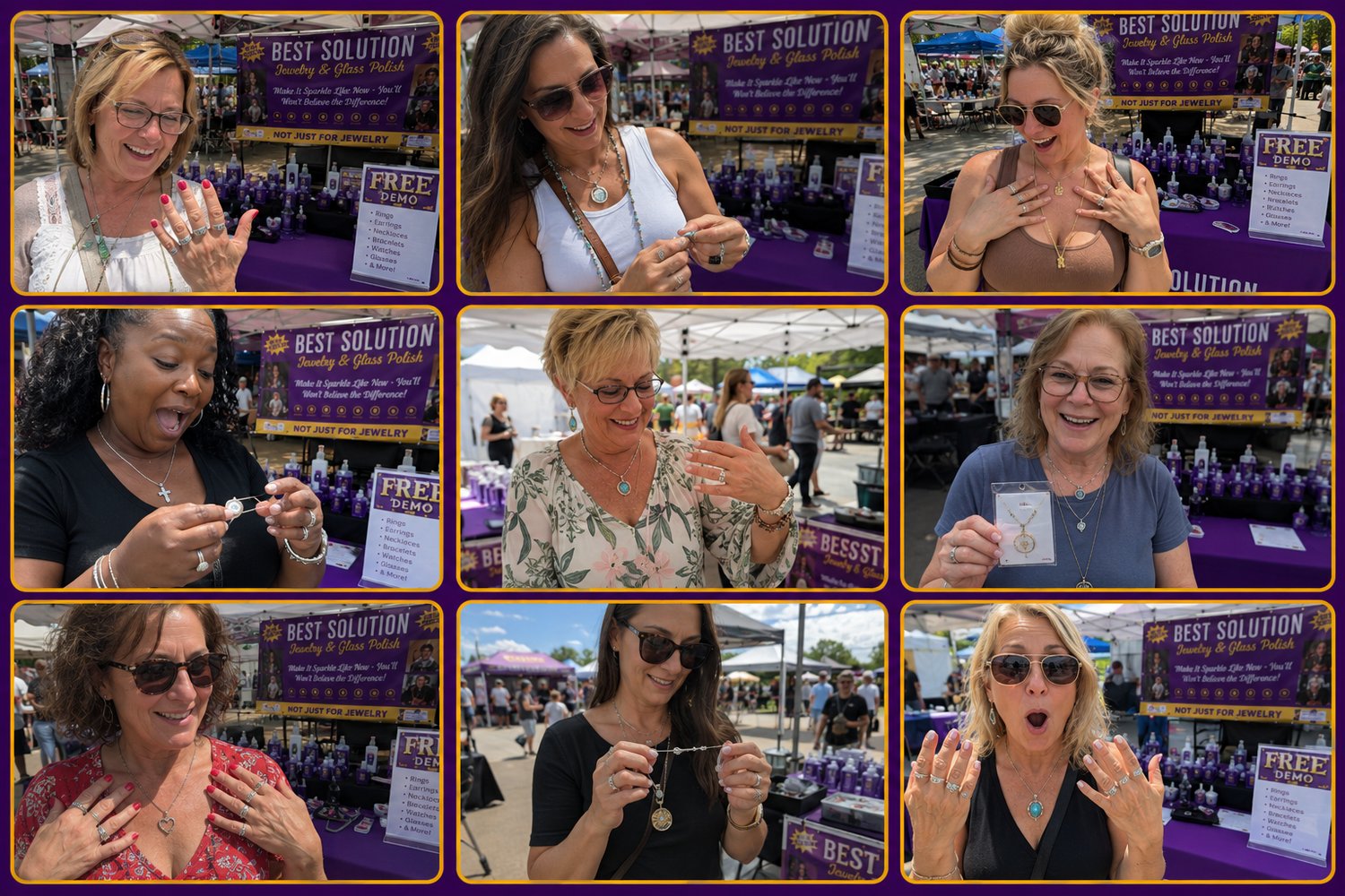 Customers admiring their freshly shined rings and necklaces at the Best Solution booth